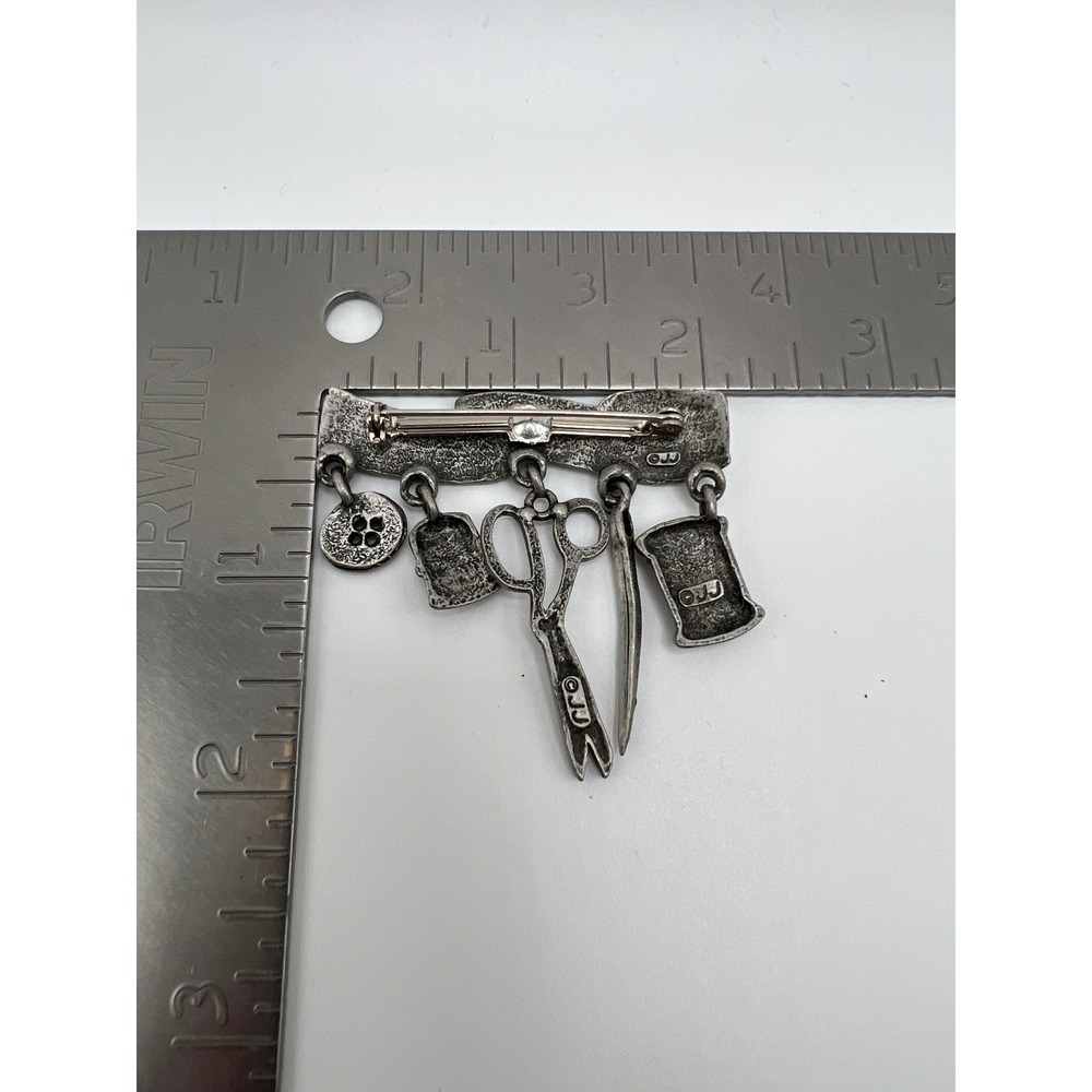 Vintage JJ Jonette Pewter Sewing Charm Pin Brooch 2" Silver Tone - Picture 9 of 9